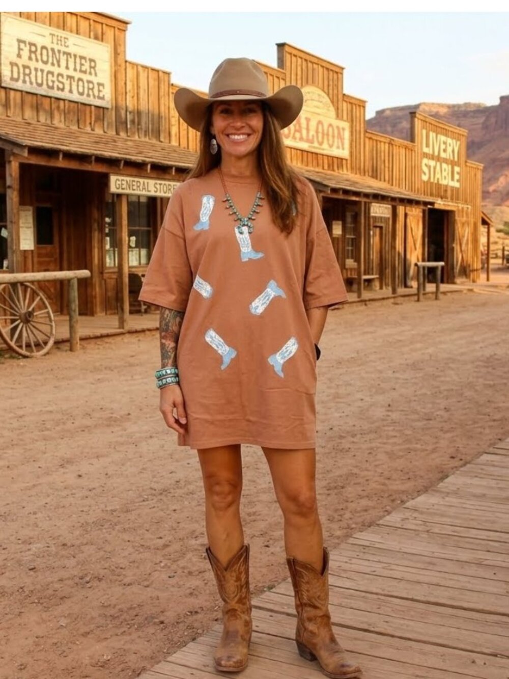 NEW PEACH LOVE Western Boot T-shirt dress in Tan